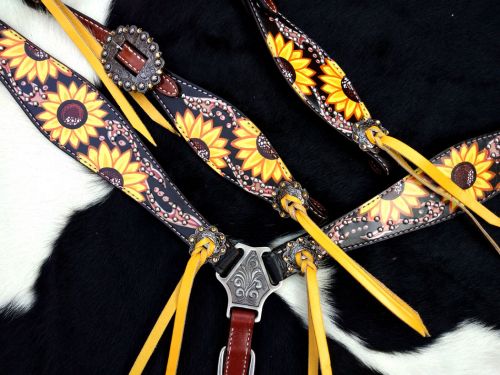 Showman Hand Painted Sunflower Print One Ear Headstall and Breast collar Set #4
